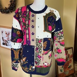 Vtg 90s VERRAZANO size Small Hand-Knit Chunky Knit Floral Hearts CottageCore NEW